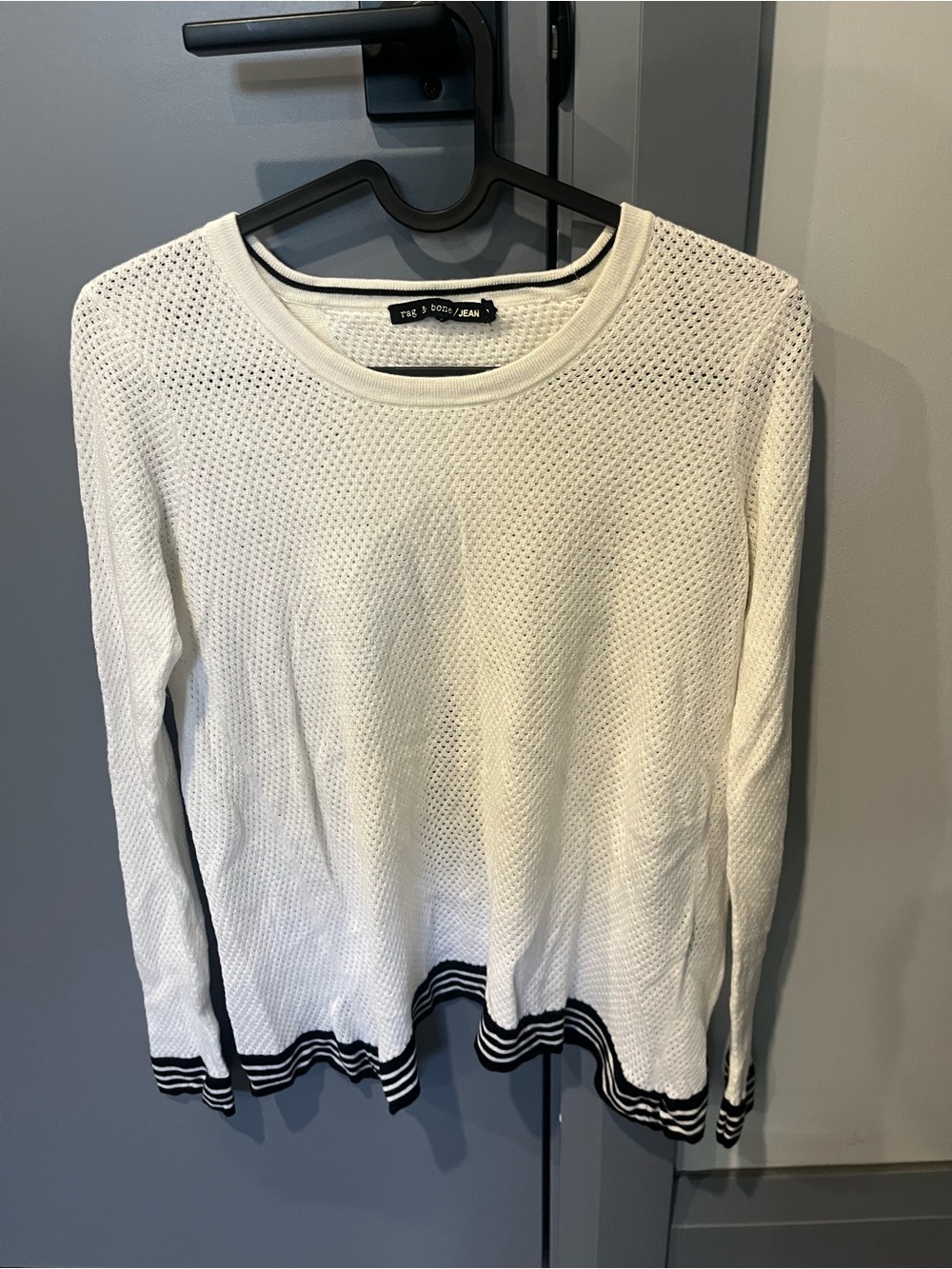 Rag & Bone Jean White Knit Sweater with Black Stripe Trim